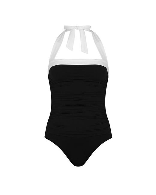 Ralph Lauren Black Shirred Contrast Trim Swimsuit