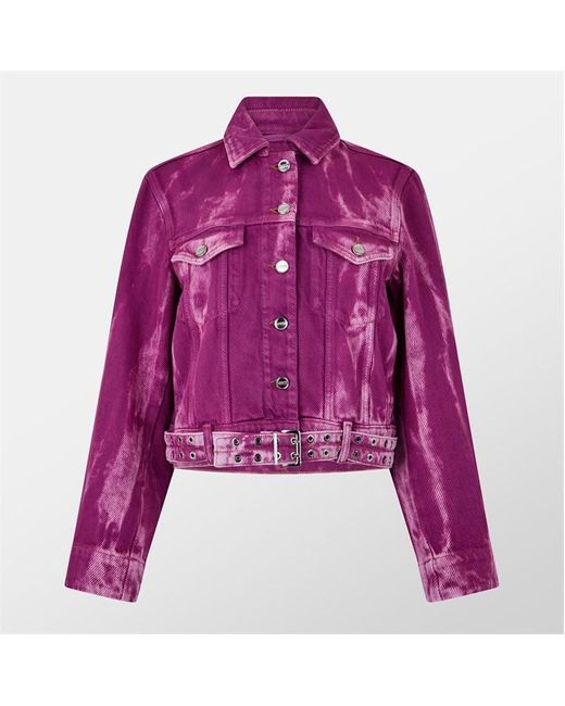 Ganni Purple Heavy Denim Belted Cotton Cropped Long Sleeve Denim Jacket