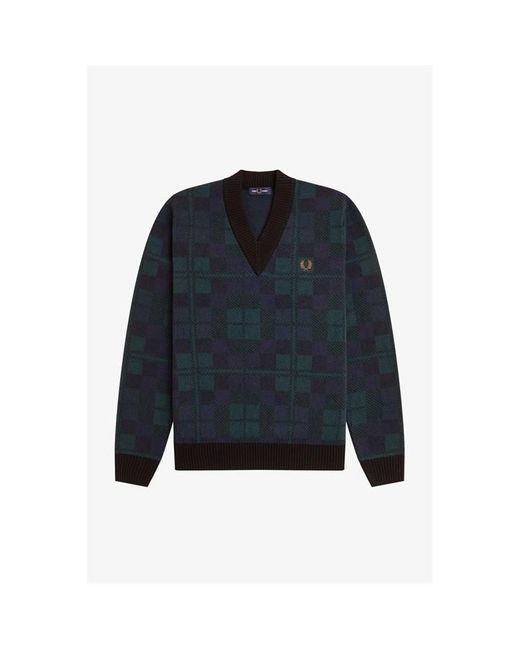 Fred Perry Blue Blackwatch Crew Neck Jumper for men