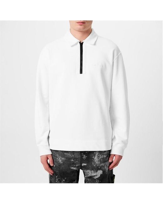 Stone Island White Embroidered Quarter Zip Sweatshirt for men