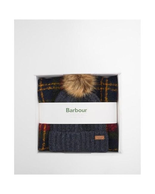 Barbour Blue Saltburn Beanie & Tartan Scarf Gift Set