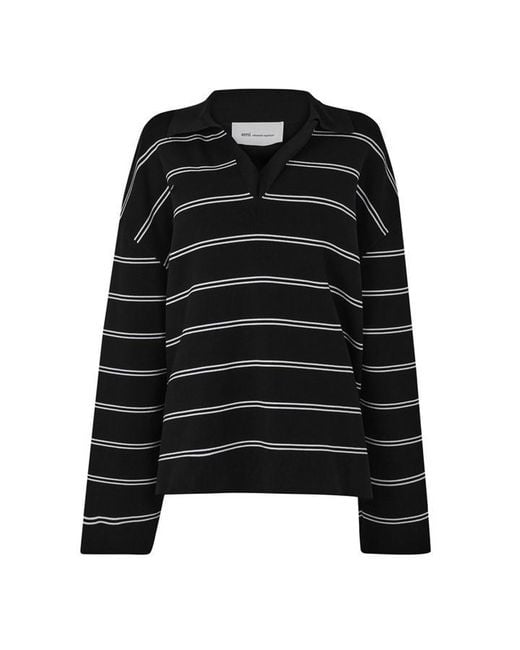 AMI Black Ami Striped Ls Polo Ld64