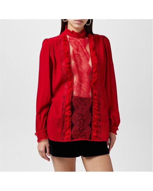 Valentino Red Crepe Ruffle Blouse