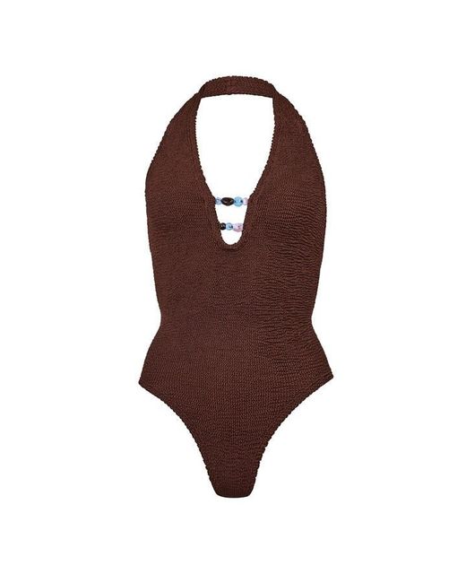 Hunza G Brown Adriana Beaded Plunge Swimsuit