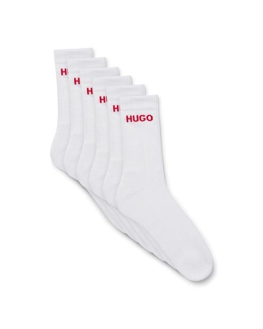 HUGO White 6-pack Ribbed Logo Crew Socks for men