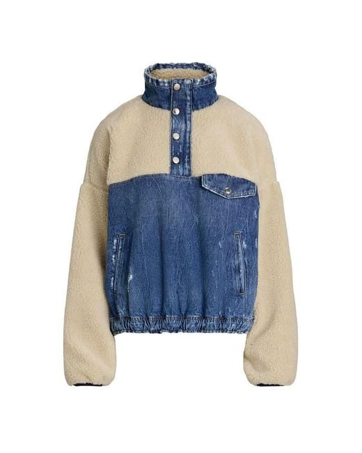 Polo Ralph Lauren Blue Fleece And Denim Funnel Neck Long Sleeve Oversized Fit Sherpa Jacket