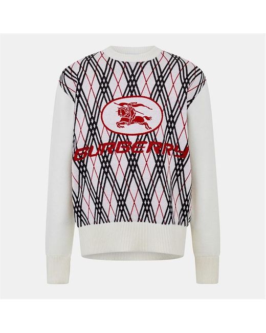 Burberry White Check Knitted Crew Neck Jumper for men