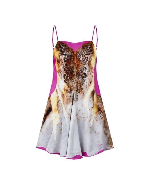 Y. Project Pink Lace Print Satin Slip Dress