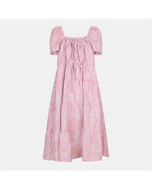Ganni Pink Lyr Cloqué Smock Dress