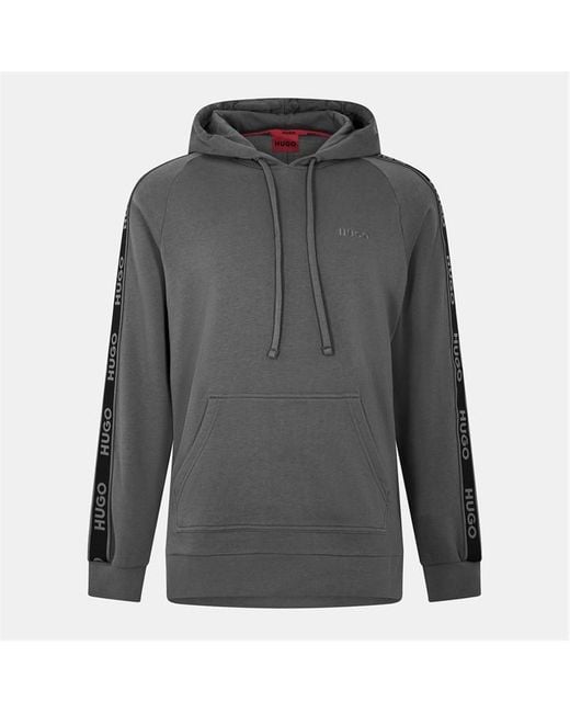 HUGO Gray Bodywear Liam Soft Cotton Pullover Hoodie With Logo Tape Detail for men