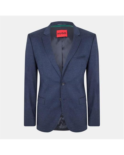 HUGO Blue Solid Patterned Lapel Collared Flap Pocket Blazer for men
