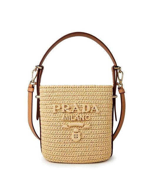 Prada Raffia Crochet Soft Bucket Bag in White | Lyst UK
