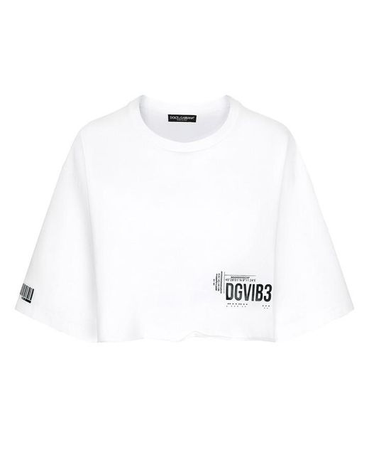 Dolce & Gabbana White Dg Vib3 Cropped Short-sleeved Cotton Jersey T-shirt
