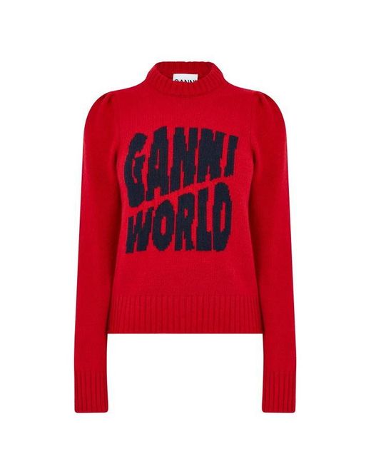 Ganni Red World Print Knit Jumper