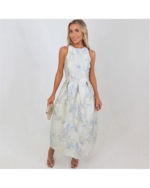 AX Paris White Ice Floral Jacquard Racer Neck A-Line Midi Dress