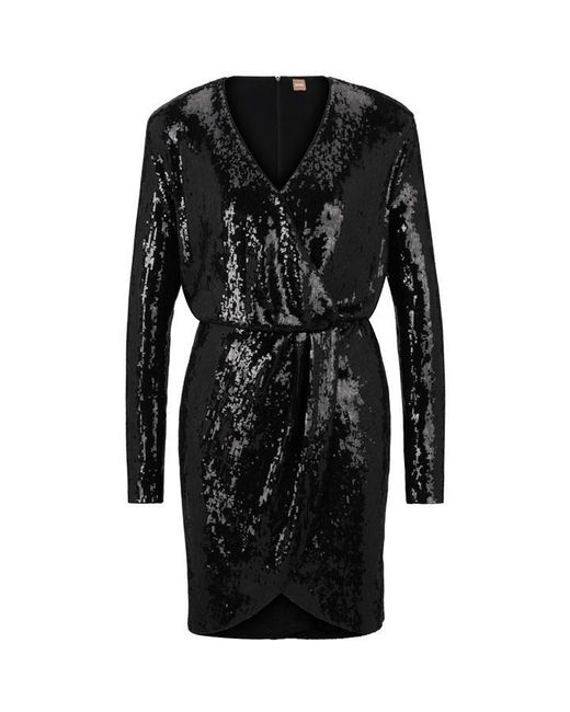 Boss Black Epalleta Dress With Sequin Embellishment
