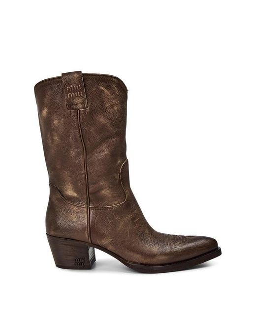 Miu Miu Brown Heat Stamped Leather Cowboy Boots