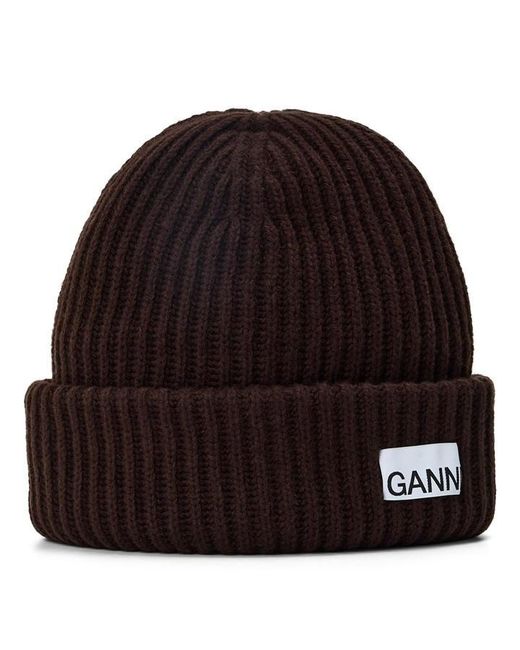 Ganni Black Structured Rib Wool Beanie