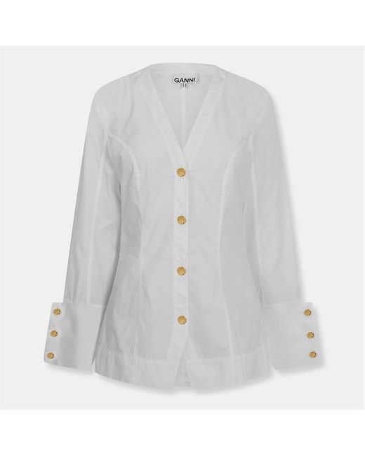 Ganni Gray Poplin Long Sleeve V-Neck Shirt