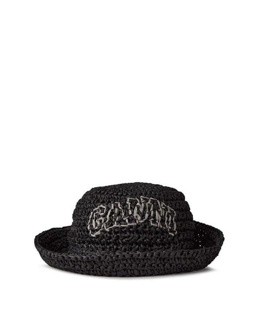 Ganni Black Logo Straw Hat Ld43