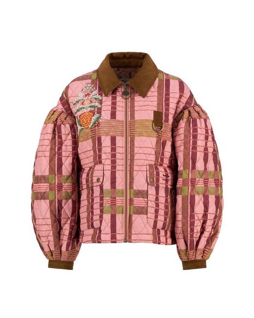 BARBOUR X FARM RIO Red Ana Clara Tartan Pineapple Embroidery Long Sleeve Oversized Fit Quilted Jacket