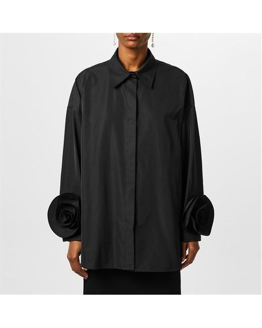 Valentino Black Rose-Embroidered Silk Overshirt