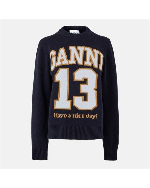 Ganni Blue Baseball Crew Jumper