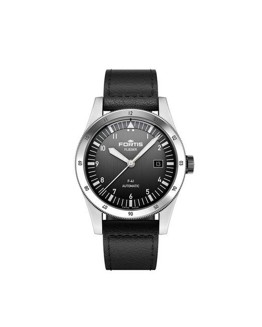 Fortis Black Flieger Stainless Steel Leather Strap Auto Analogue Watch for men