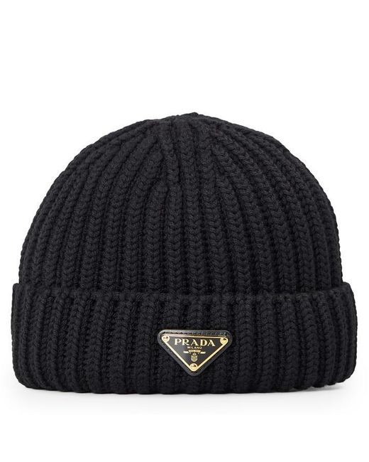 Prada Black Logo Fine-Knit Beanie