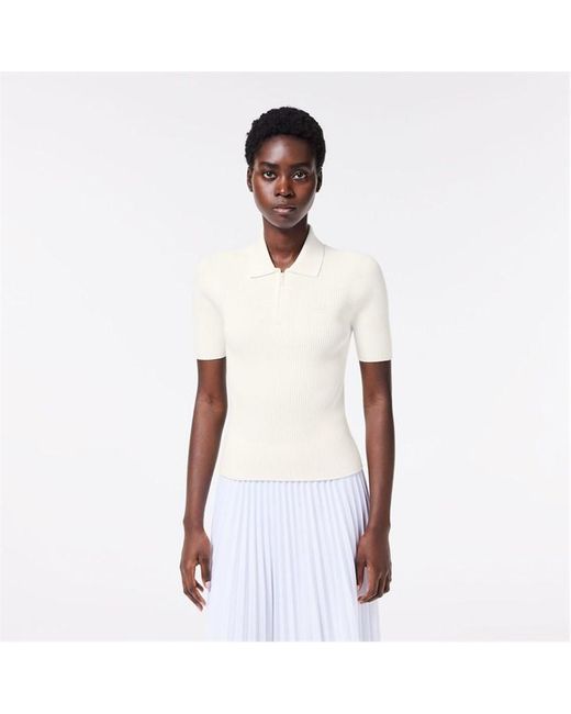 Lacoste White Zip Neck Rib Knit Polo Shirt for men