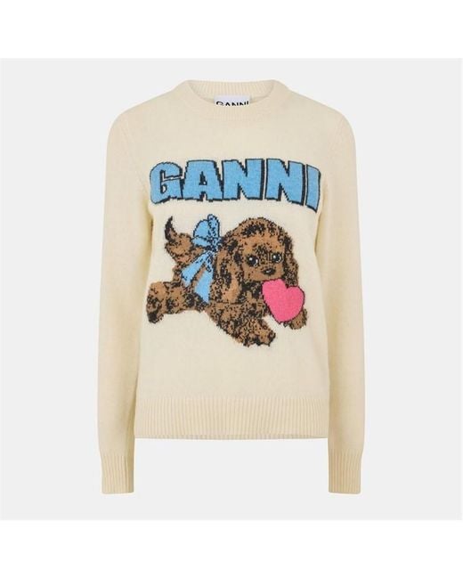 Ganni White Puppy Crew Neck Jumper