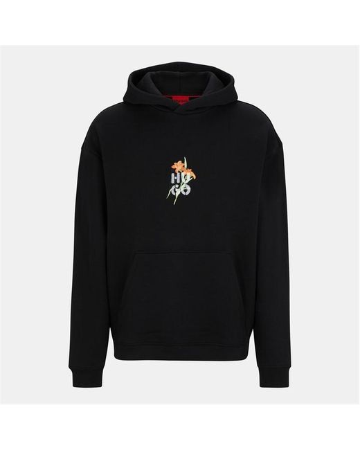 HUGO Black Oversize-Fit Hoodie With Floral Artwork for men