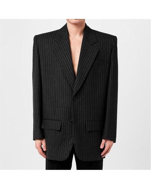 Saint Laurent Black Over-Sized Wool Pinstripe Double-Breasted Long Sleeve Blazer for men