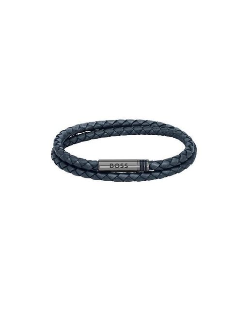 Boss Blue Ares Double Wrap Leather Bracelet for men