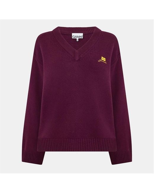 Ganni Purple Wool Mix V-Neck Jumper