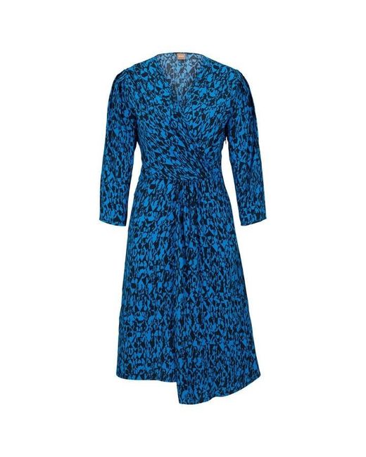 Boss Blue Wrap-front V-neck Dress With Seasonal Print