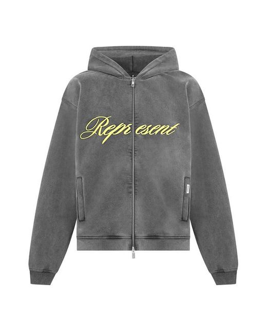 Represent Gray Rep Script Logo Zipped Hoodie, Soft Cotton for men
