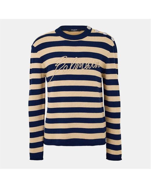 Balmain Blue Stripe Knit Crew Neck Jumper for men