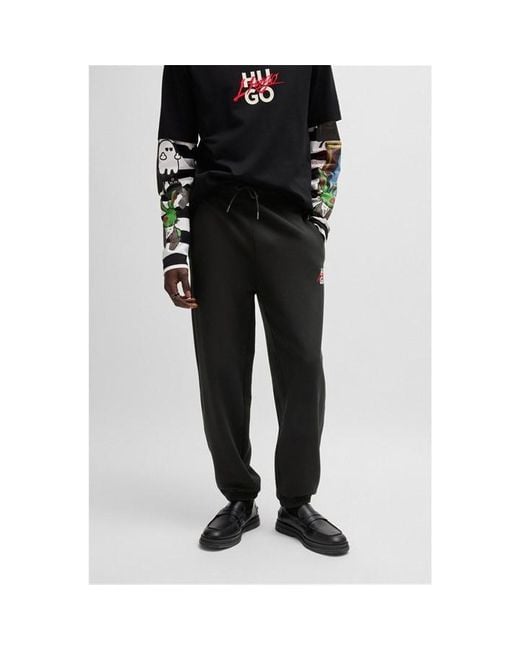 HUGO Black Cotton-Terry Tracksuit Bottoms With Double Logo for men
