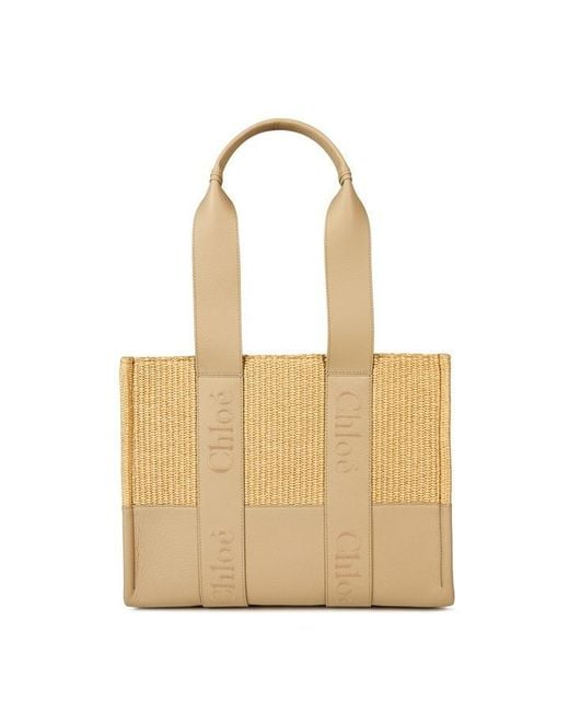 Chloé Natural Woody Medium Leather-Trimmed Raffia Tote Bag