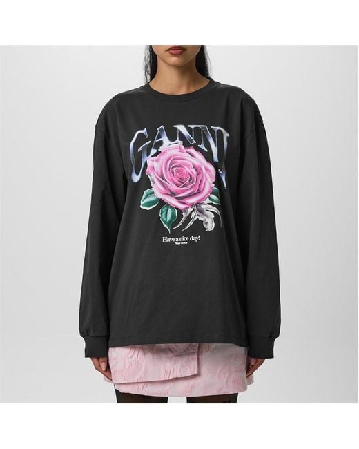 Ganni Blue Rose Print Crew Long-Sleeve T-Shirt