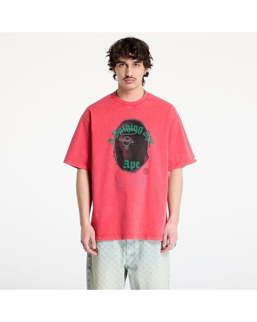 A Bathing Ape Women's Red T-Shirt Garment Dye Rhinestone Ape Head