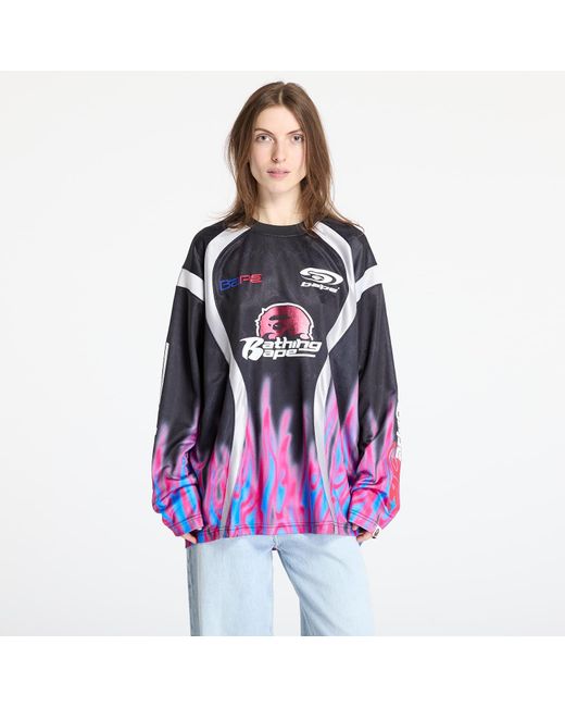 A Bathing Ape Jersey Flame Pattern Multilogo Relaxed Fit Football Jersey in het Blue