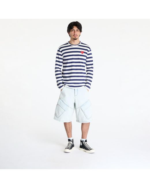 COMME DES GARÇONS PLAY Blue T-Shirt Stripe Emblem X Rhinestone Long Sleeve Tee