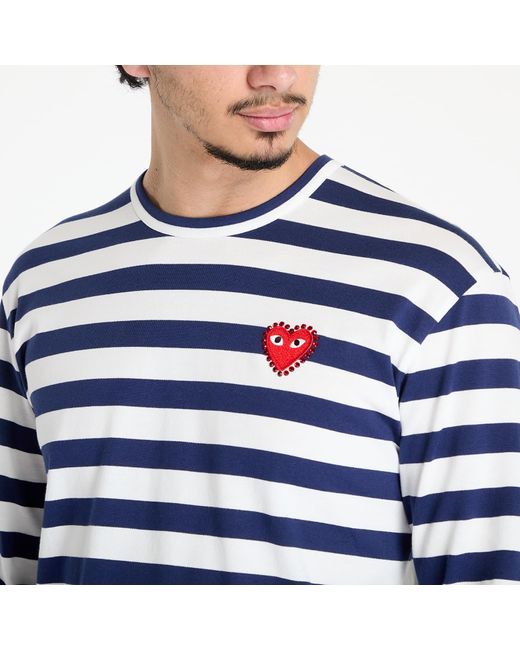 COMME DES GARÇONS PLAY Blue T-Shirt Stripe Emblem X Rhinestone Long Sleeve Tee
