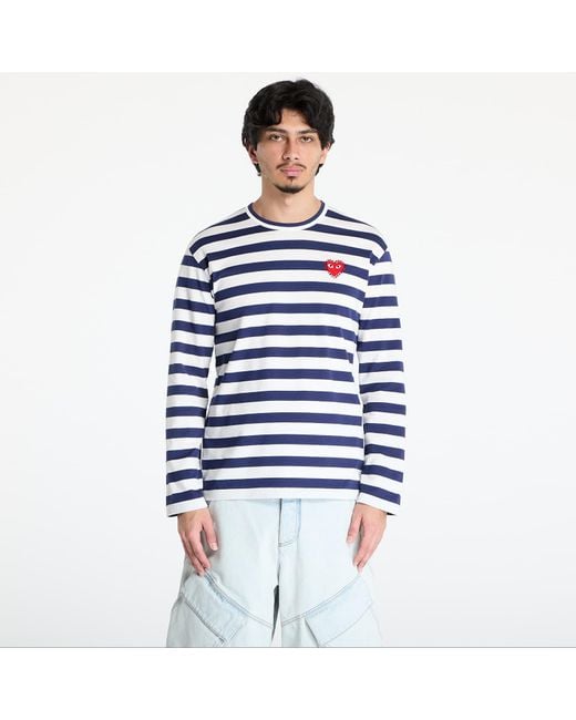 COMME DES GARÇONS PLAY Blue T-Shirt Stripe Emblem X Rhinestone Long Sleeve Tee