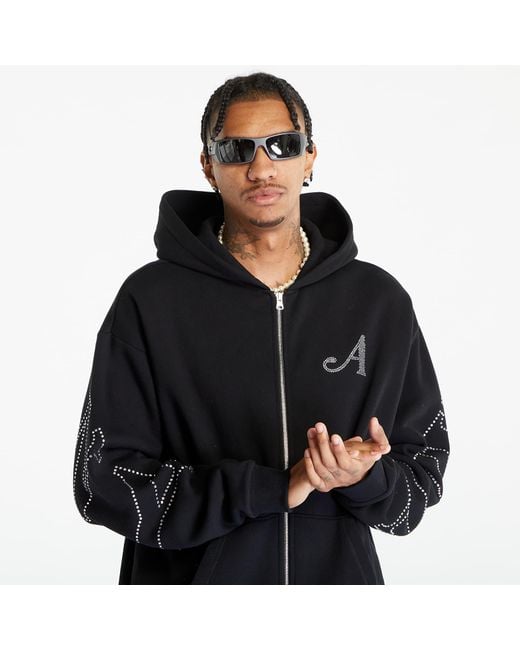 AWAKE NY Rhinestone Serif Zip Up Hoodie Washed in Black for