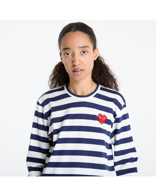 COMME DES GARÇONS PLAY Blue T-Shirt Stripe Emblem X Rhinestone Long Sleeve Tee