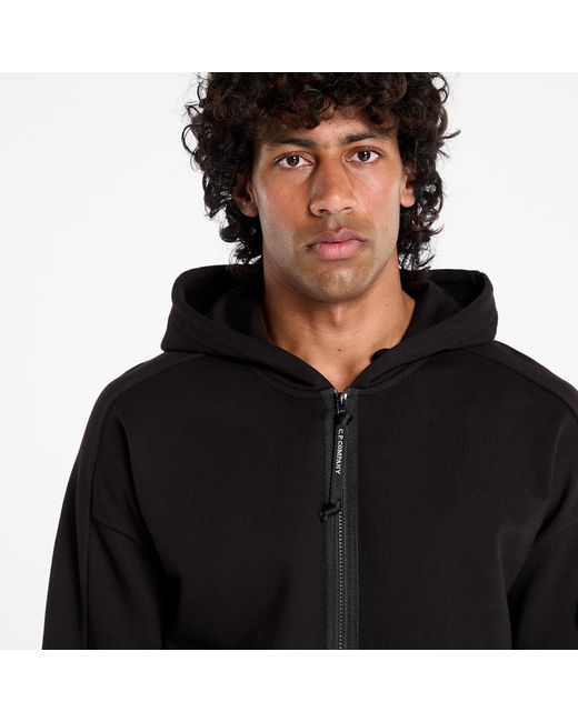 C P Company Black Sweatshirt Diagonal Raised Fleece Full Zip Hooded Sweatshirt for men