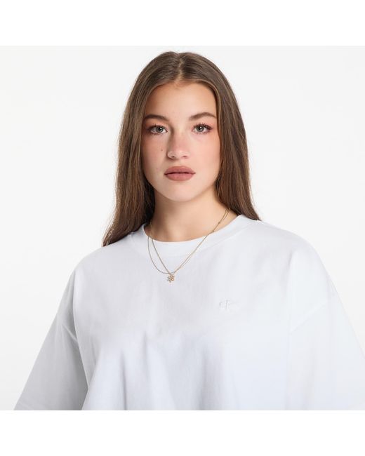 Calvin Klein White T-Shirt Jeans Ss Cropped Boxy Satin Floral Tee